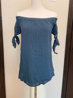 Lulu's Slate Blue Off the Shoulder Tie Short Sleeve Layered Top